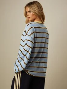 MISSGUIDED Oversized Striped Long Sleeve Crew Neck T-Shirt With Contrast Ringer Neckline Relaxed Fit Casual Top - Multicolor - View 2