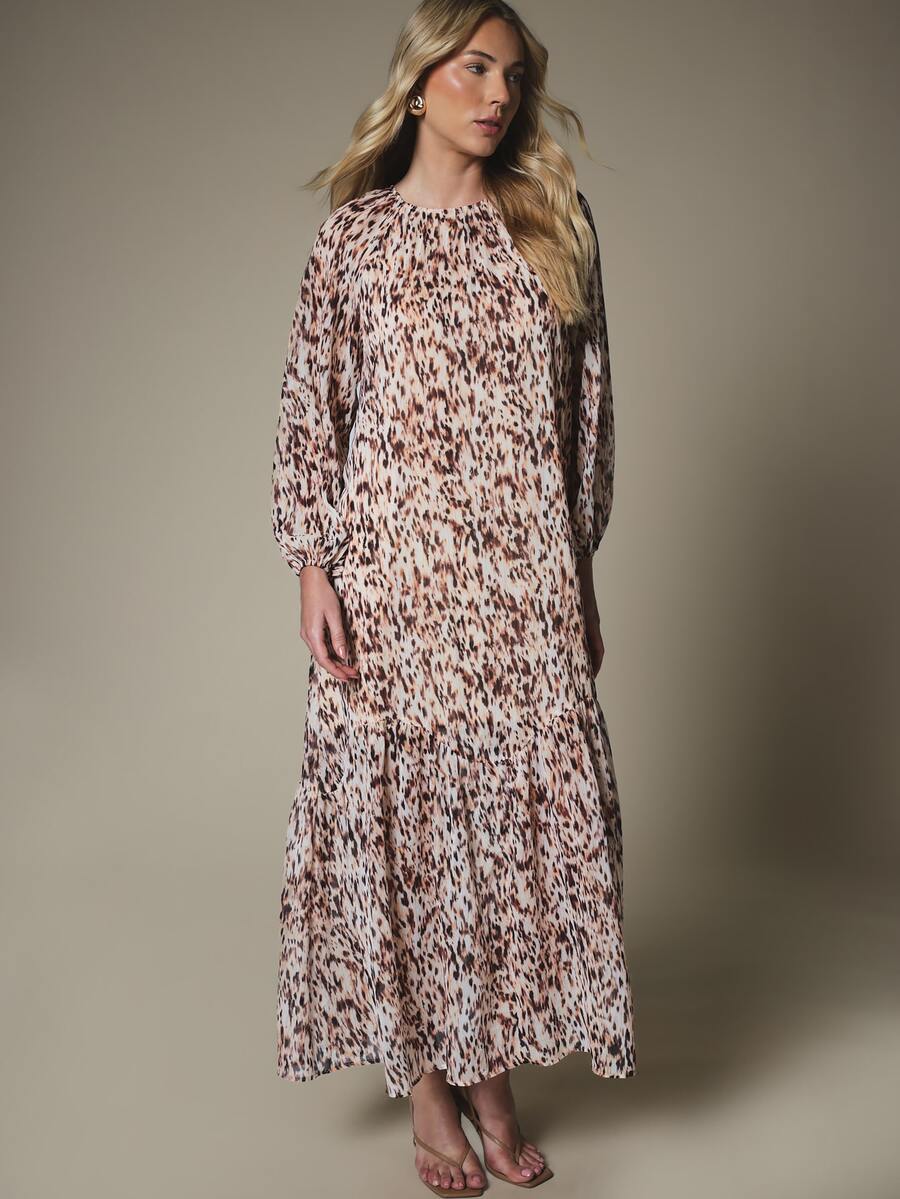 KSTM Gaun Maxi Bertingkat Motif Hewan dengan Lengan Panjang Mengembang dan Garis Leher Berkerut, Gaya Chiffon Boho yang Mengalir, Cocok untuk Musim Semi dan Musim Panas. - MultiWarna - View 1