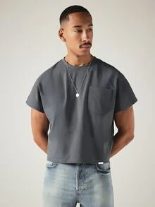 SUMWON Cropped Boxy Short Sleeve Crew Neck Pocket T-Shirt Solid Summer Casual Essential Top,Oversized T Shirt Men,Plain T Shirt Men,Casual Tops Men - Grey - View 4