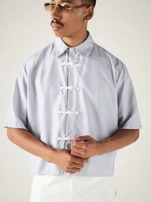 SUMWON Striped Short Sleeve Cropped Shirt With Chinese Frog Button Closure Collared Oversized Boxy Summer Top,Cropped Shirts For Men,Men Shirts For Summer - Light Grey - View 5
