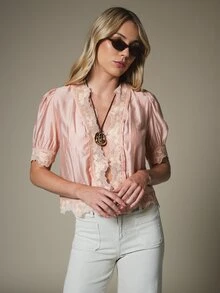 KSTM Satin Lace Trim Plunge V-Neck Puff Sleeve Crop Blouse With Scalloped Hem Detail Spring Summer Elegant Top - Pink - View 4