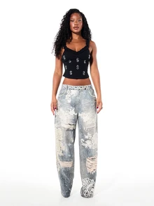 SUMWON WOMEN Dollar Sign Rhinestone Embellished Black And Silver Crop Cami Top With Sweetheart Neckline And Ruffle Trim Straps Going Out Summer Y2k 90s Inspired - Black - View 3