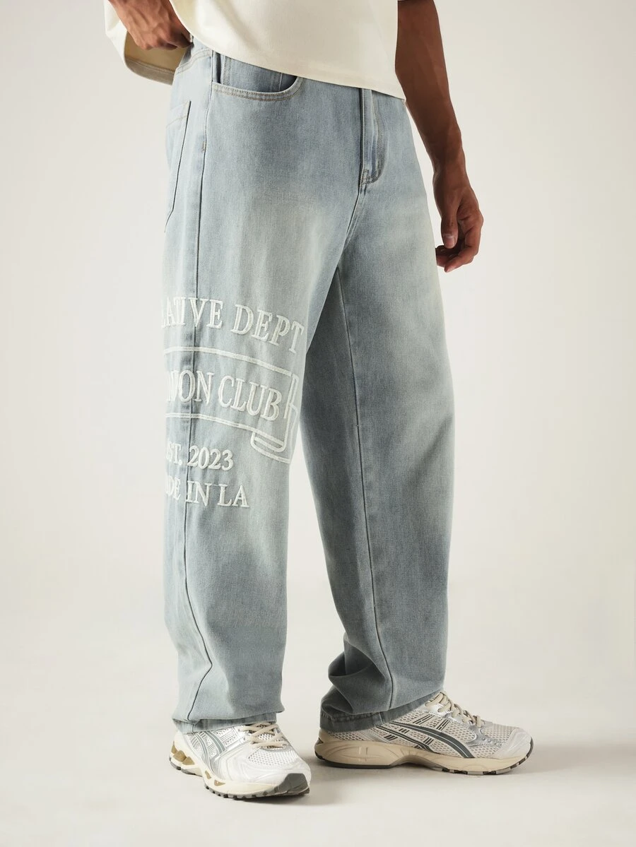 SUMWON Wide Leg Graphic Print Denim Jeans With Creative Slogan And Washed Finish For Casual Street Style - Blue - View 1