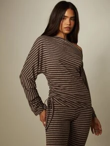 MISSGUIDED Striped One-Shoulder Long Sleeve Top With Side Ruching And Drawstring Detail Fall Winter - Multicolor - View 1