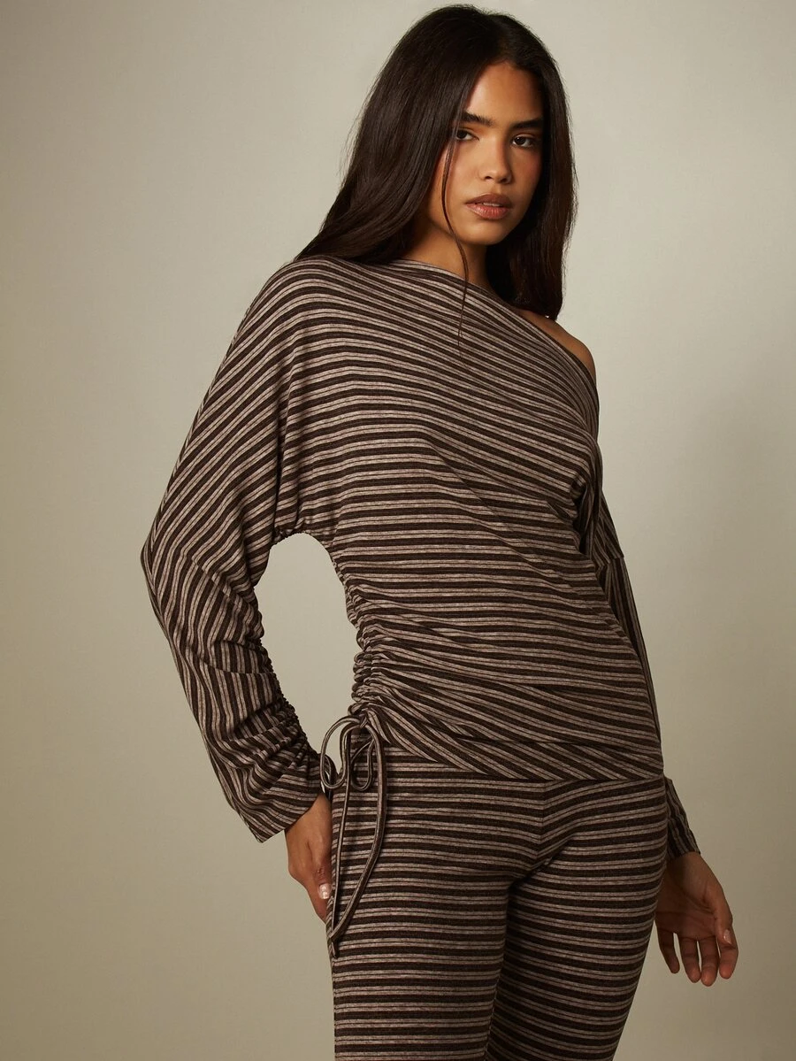 MISSGUIDED Striped One-Shoulder Long Sleeve Top With Side Ruching And Drawstring Detail Fall Winter - Multicolor - View 1