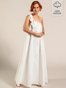 Rouah Women's 100% Cotton 3D Floral Decor White Dress - Premium Dress, Design Dress, Summer Maxi Dress, White Maxi Dress For Summer - White - View 1