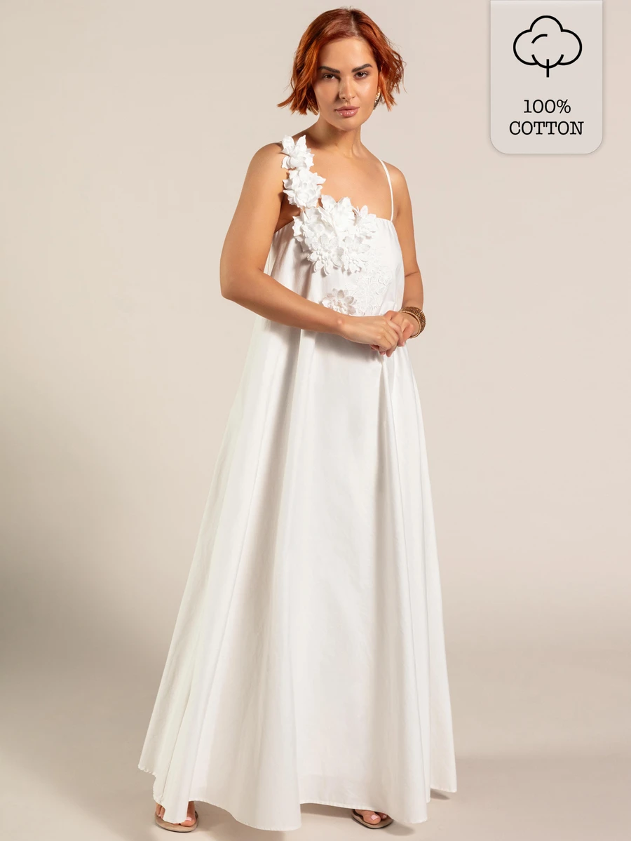 Rouah Women's 100% Cotton 3D Floral Decor White Dress - Premium Dress, Design Dress, Summer Maxi Dress, White Maxi Dress For Summer - White - View 1