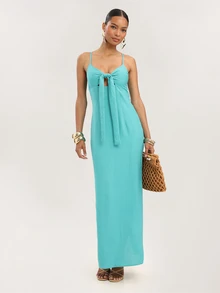 Dancing Leopard Green Tie Front Wide Hem Maxi Dress, Summer Outfits For Women, Vacation Dress, Holiday Dress - Green - View 4