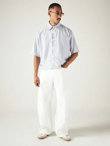 SUMWON Striped Short Sleeve Cropped Shirt With Chinese Frog Button Closure Collared Oversized Boxy Summer Top,Cropped Shirts For Men,Men Shirts For Summer - Light Grey - View 3