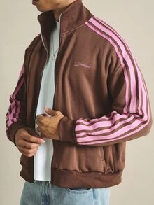 SUMWON Retro Track Jacket With Stripe Sleeves Full Zip Mock Neck Embroidered Logo Hip Length Oversized Fit - Brown - View 4