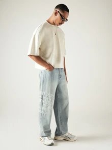 SUMWON Wide Leg Graphic Print Denim Jeans With Creative Slogan And Washed Finish For Casual Street Style - Blue - View 3