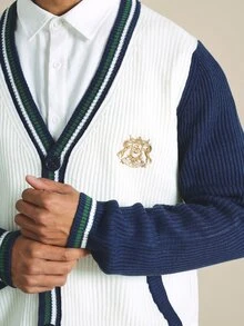 SUMWON Boxy Fit Men's Cricket-Style Color Block Knit Cardigan V-Neck Button-Up Varsity Sweater With Contrast Stripe Trim And Leaf Sheild Embroidery - Multicolor - View 4