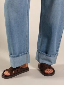 Rouah Jeans cómodos y holgados de pierna ancha con dobladillo enrollado para mujer - Jeans de vacaciones, jeans diarios, denim casual, denim de verano, denim de otoño - Lavado ligero - Ver 5