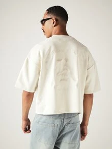 SUMWON Oversized Boxy Crop Tee With Old English LA Embroidery Front Chest And Back Logo Print - Beige - View 4