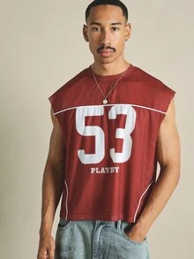 PLAYBOY X SUMWON Number 53 Graphic Mesh Jersey Sleeveless Crop Top With Contrast Piping Detail - Red - View 4