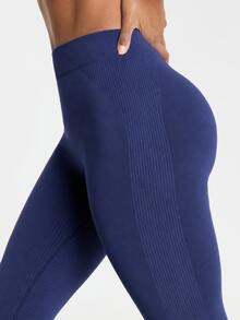 11SKNDS High-Waist Seamless Ribbed Leggings With Sculpting Seam Detail And Cropped 7/8 Length - Navy Blue - View 5