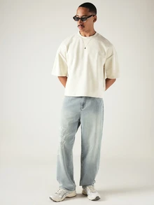 SUMWON Oversized Boxy Crop Tee With Old English LA Embroidery Front Chest And Back Logo Print - Beige - View 3
