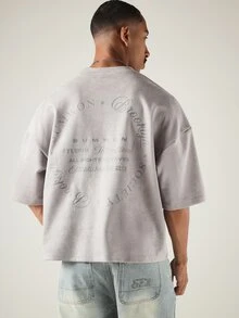 SUMWON Studios Oversized Boxy Crop Tee With Circle Chest Logo And Full Back Graphic Text Print - Grey - View 4