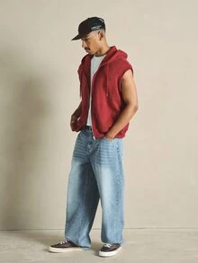 SUMWON Chaleco con capucha sin mangas y cremallera completa para hombre, con capucha con cordón y bolsillos laterales, prenda casual para capas - Burdeos - Ver 5