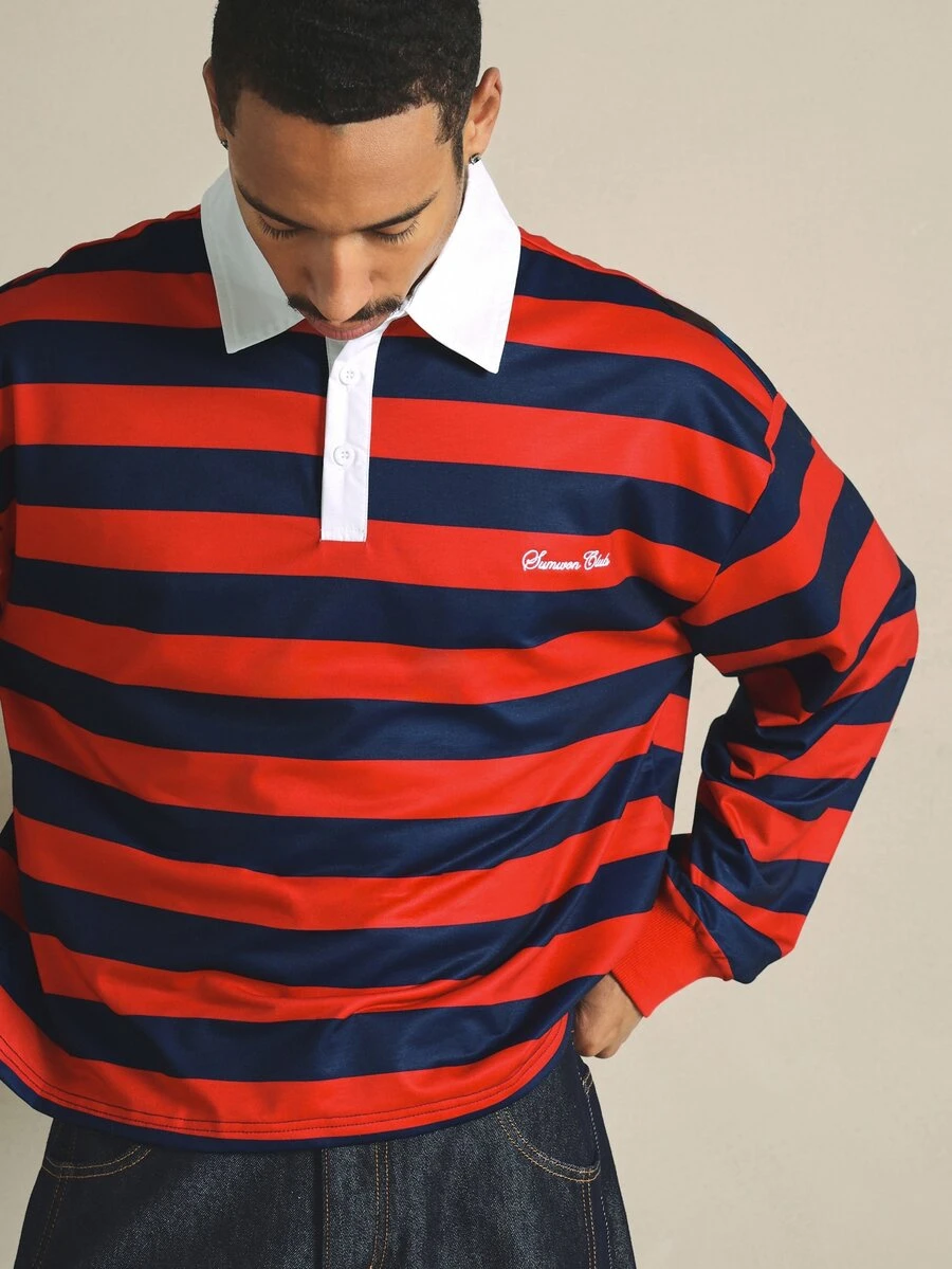 SUMWON Club Striped Rugby Shirt With White Collar And Long Sleeves Casual Polo Style Top - Red - View 1