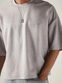 SUMWON Studios Oversized Boxy Crop Tee With Circle Chest Logo And Full Back Graphic Text Print - Grey - View 5