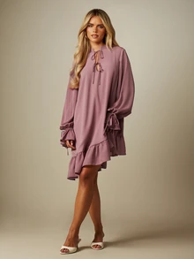MISSGUIDED Boho Mini Dress With High Neck Tie Detail Long Puff Sleeves Ruffle Hem And Drawstring Cuffs - Dusty Purple - View 3