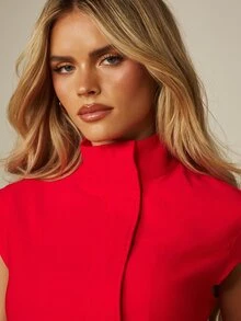 MISSGUIDED Structured High Neck Cap Sleeve Blouse With Asymmetric Front Panel Detail For Evening And Party Occasions - Red - View 4
