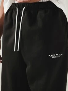 SUMWON Worldwide Studios Wide Leg Sweatpants With Drawstring Waist And Logo Print For Casual Everyday Wear - Black - View 6