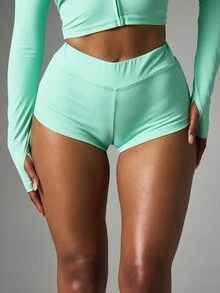 BABYPHAT Rhinestone Logo High Rise Hot Pants Mini Booty Shorts Stretch Knit Micro Summer Festival Party Shorts - Green - View 5