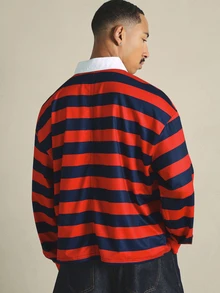 SUMWON Club Striped Rugby Shirt With White Collar And Long Sleeves Casual Polo Style Top - Red - View 3