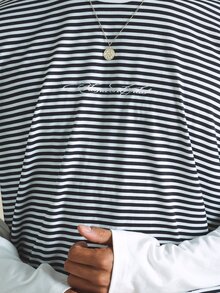 SUMWON Oversized Striped Crew Neck Short Sleeve Tee With Script Logo Print Casual Streetwear Top - Multicolor - View 5