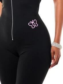 SUMWON WOMEN Halter Neck Deep Plunge Zip-Front Capri Jumpsuit With Open Back And Script Logo Detail - Black - View 6