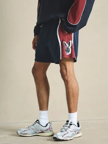 PLAYBOY X SUMWON Bunny Logo Mesh Athletic Shorts Color Block Navy Burgundy With White Stripe Detail Elastic Waist Summer Festival - Multicolor - View 4