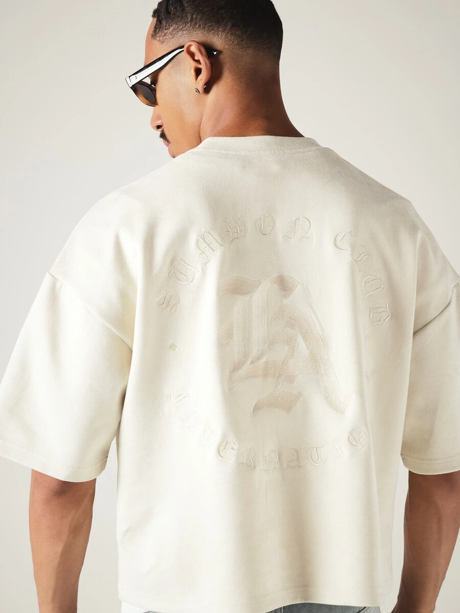 SUMWON Oversized Boxy Crop Tee With Old English LA Embroidery Front Chest And Back Logo Print - Beige - View 1