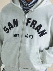 SUMWON San Fran Est 1853 貼布繡拱形文字全拉鍊連帽衛衣，附分開式中心口袋與大帽兜，適合秋冬穿著 - 灰色 - 查看 5