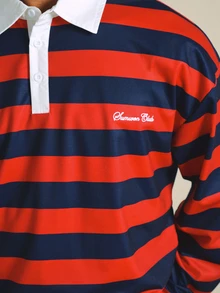 SUMWON Club Striped Rugby Shirt With White Collar And Long Sleeves Casual Polo Style Top - Red - View 5