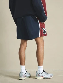 PLAYBOY X SUMWON Bunny Logo Mesh Athletic Shorts Color Block Navy Burgundy With White Stripe Detail Elastic Waist Summer Festival - Multicolor - View 2