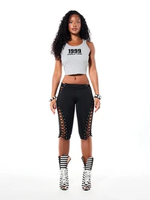 SUMWON WOMEN 1999 World Tour Graphic Text Print Ribbed Crop Tank Top With Scoop Neck City List Back Print - Grey - View 3