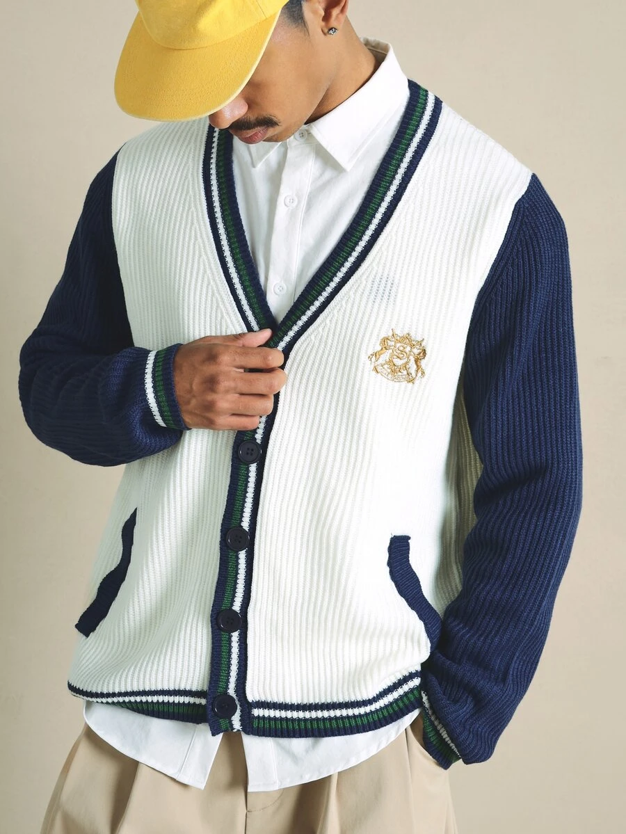SUMWON Boxy Fit Men's Cricket-Style Color Block Knit Cardigan V-Neck Button-Up Varsity Sweater With Contrast Stripe Trim And Leaf Sheild Embroidery - Multicolor - View 1