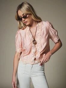 KSTM Satin Lace Trim Plunge V-Neck Puff Sleeve Crop Blouse With Scalloped Hem Detail Spring Summer Elegant Top - Pink - View 1