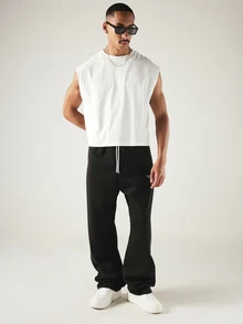 SUMWON Worldwide Studios Wide Leg Sweatpants With Drawstring Waist And Logo Print For Casual Everyday Wear - Black - View 4