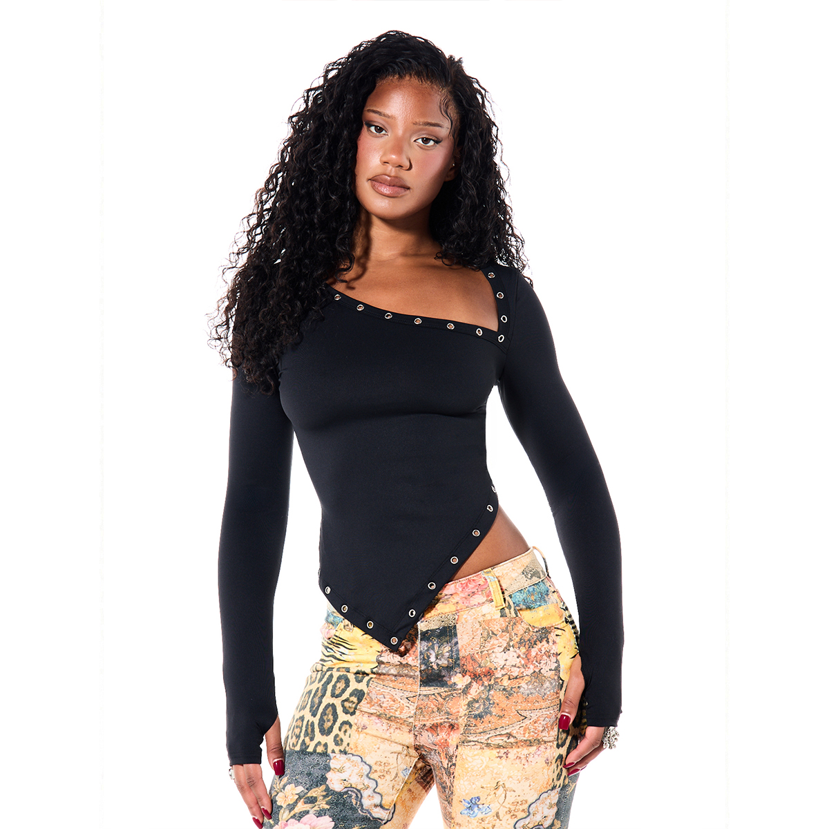 Asymmetric Neckline Long Sleeve Bodysuit With Metal Eyelet Trim Detail And Snap Button Closure