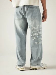 SUMWON Wide Leg Graphic Print Denim Jeans With Creative Slogan And Washed Finish For Casual Street Style - Blue - View 2