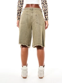 SUMWON WOMEN Rhinestone Embellished Distressed Denim Bermuda Shorts With Raw Hem And Low Rise Waist Style - Black - View 2