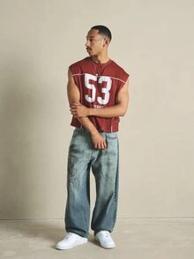 PLAYBOY X SUMWON Number 53 Graphic Mesh Jersey Sleeveless Crop Top With Contrast Piping Detail - Red - View 3