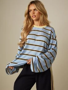 MISSGUIDED Oversized Striped Long Sleeve Crew Neck T-Shirt With Contrast Ringer Neckline Relaxed Fit Casual Top - Multicolor - View 5