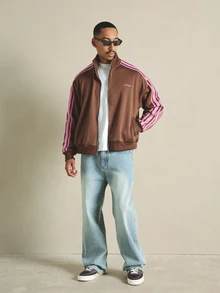 SUMWON Retro Track Jacket With Stripe Sleeves Full Zip Mock Neck Embroidered Logo Hip Length Oversized Fit - Brown - View 2