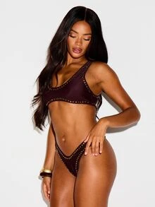 KIZN Goldene Nieten Bikinihose, freche Hose Sommer Strand - Kaffeebraun - Übersicht 4