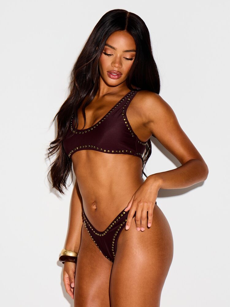 KIZN Gold Studded Bikini Bottom, Cheeky Bottom Summer Beach - Coffee Brown - View 4
