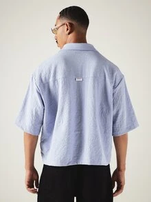 SUMWON Summer Club 刺繡泡泡紗短袖露營領寬鬆短版襯衫 - 藍色 - 查看 2